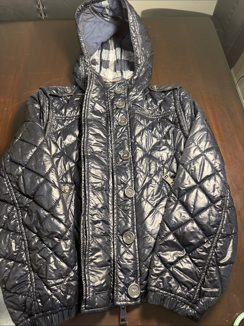 Burberry Navy Quilted Hooded Puffer Jacket for women; Sz. 6